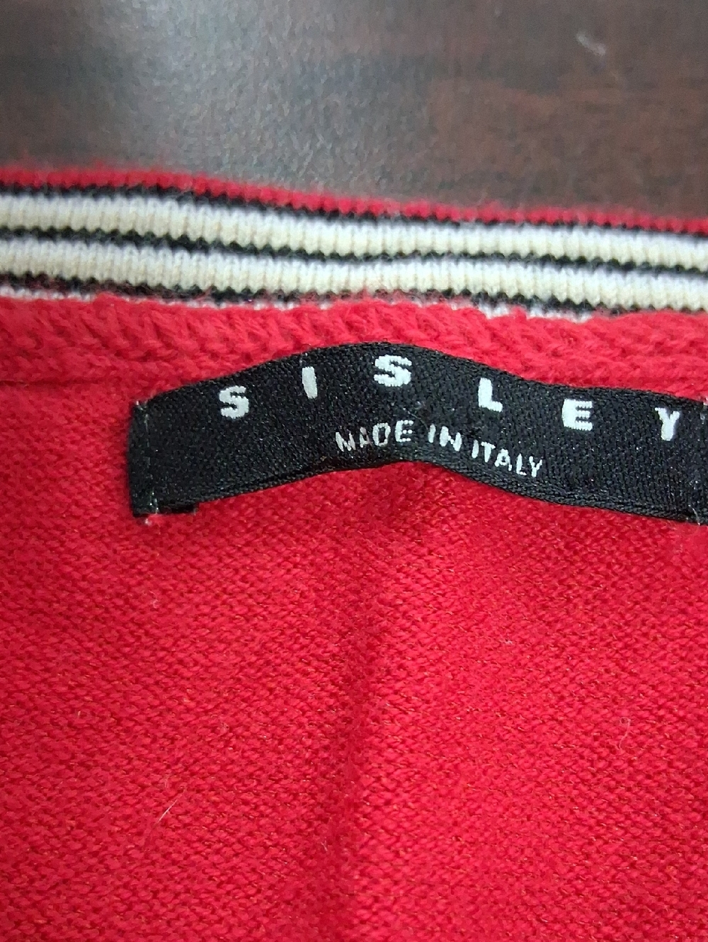 Sisley Red Knit Vest  with Black and White Stripe Trim. Size SMALL